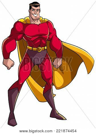 Smiling superhero standing tall on white background.