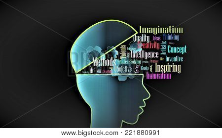 Illustration of a creative thinking brain mind background with related words
