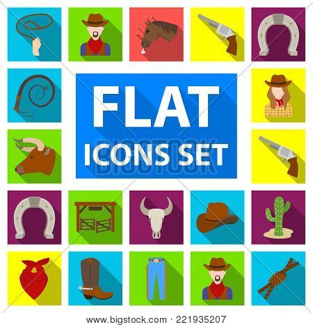 Rodeo, competition flat icons in set collection for design. Cowboy and equipment vector symbol stock  illustration.