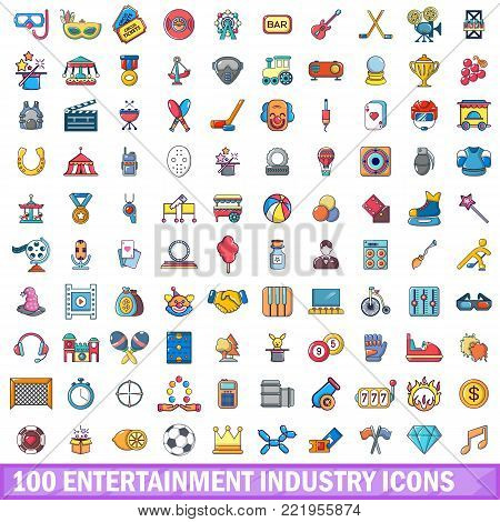 100 entertaiment industry icons set. Cartoon illustration of 100 entertaiment industry vector icons isolated on white background