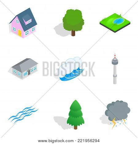 Townlet icons set. Isometric set of 9 townlet vector icons for web isolated on white background