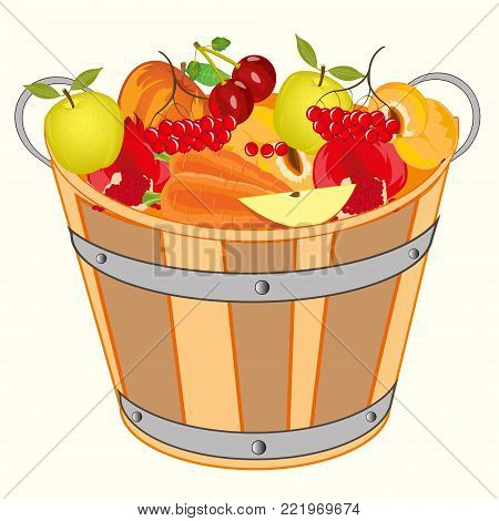 Bucket with fruit and berry on white background is insulated
