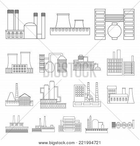 Factory and facilities outline icons in set collection for design. Factory and equipment vector symbol stock  illustration.