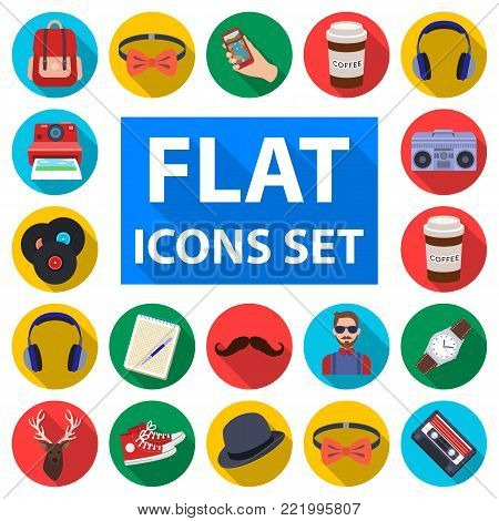 Style Hipster flat icons in set collection for design. Hipster Attributes and accessories vector symbol stock  illustration.
