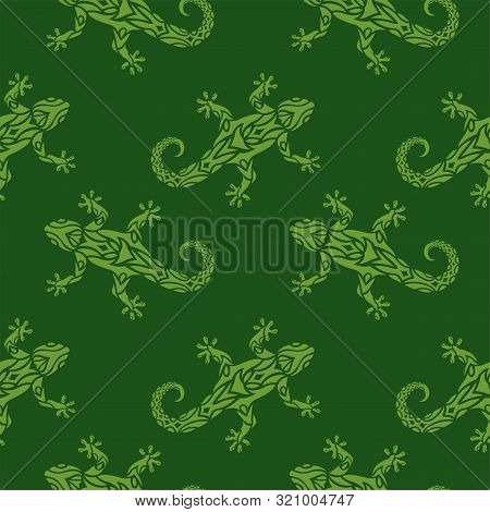 Beautiful Green Seamless Pattern With Stylized Flat Lizard Silhouette