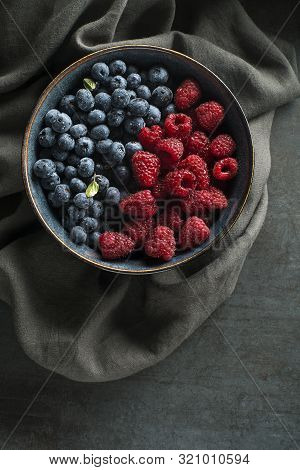 Berries Overhead Closeup Colorful Assorted Mix Of Blueberry And Raspberry