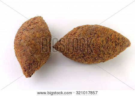 Kibbeh Traditional Lebanese Cuisine Food, Isolated On White Background. Fried Burghul And Meat Balls