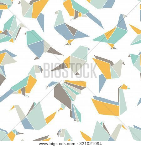 Seamless Pattern With Colorful Origami Birds. Vector Background With Geometric Birds: Crane, Pigeon,