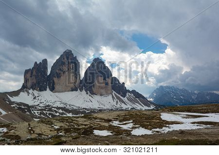 Beautiful View Of Tre Cime Mountain In Spring. Dolomites, Italy