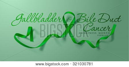Gallbladder And Bile Duct Cancer Awareness Calligraphy Poster Design. Realistic Kelly Green Ribbon. 