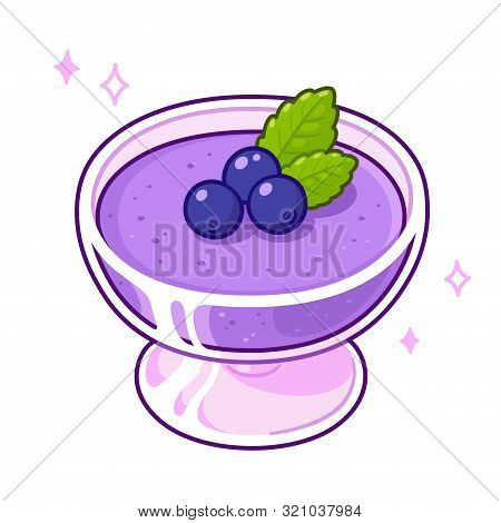 Blueberry Mousse Dessert In Glass Decorated With Fresh Berries And Mint. Vector Illustration In Hand