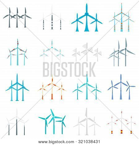 Wind Turbine Icons Set. Flat Set Of Wind Turbine Vector Icons For Web Design