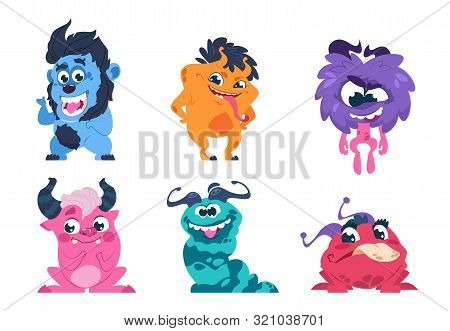 Cartoon Monsters. Funny And Scary Trolls Ghosts Goblins And Aliens With Cute Faces, Cute Isolated Ch