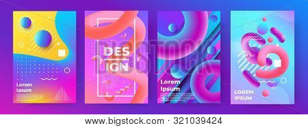Abstract Poster. Memphis Geometric Banners With Minimal Gradient Shapes And Liquid Elements. Vector 