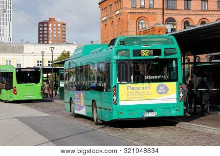 Malmo, Sweden - September 4, 2019: City Busses At The Malmo Central Station Stop.