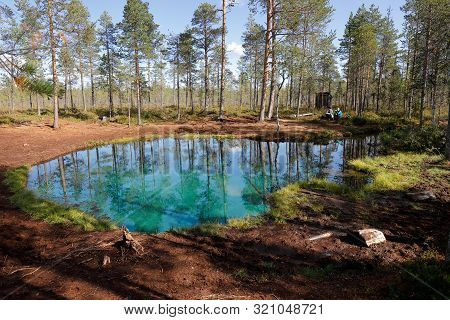 Arvidsjaur, Sweden - August 21, 2019: View Of The Frog Spring, Grodkallan In Swedish, With Clear Fre