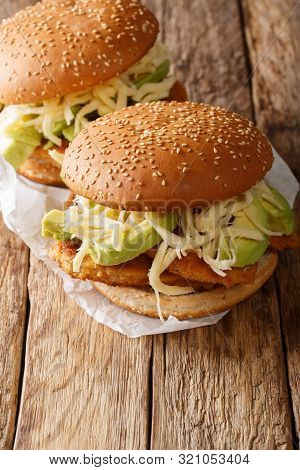 Spicy Chipotle Chicken Cemita Sandwich  Close-up. Vertical