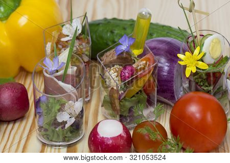 Mini Canapes For Refreshments At Banquets Receptions Catering On A White Background.
