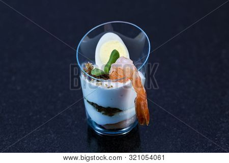 Mini Canapes For Refreshments At Banquets Receptions Catering On A Dark Background.