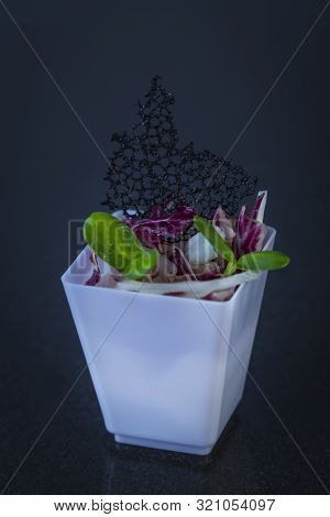Mini Canapes For Refreshments At Banquets Receptions Catering On A Dark Background.