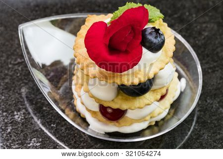 Mini Canapes For Refreshments At Banquets Receptions Catering On A Dark Background.