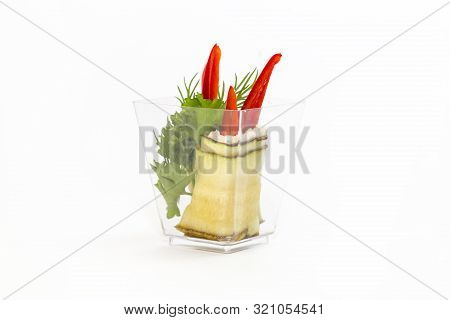 Mini Canapes For Refreshments At Banquets Receptions Catering On A White Background.
