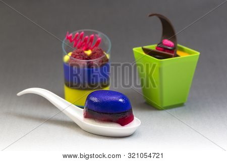 Mini Canapes For Refreshments At Banquets Receptions Catering On A Dark Background.
