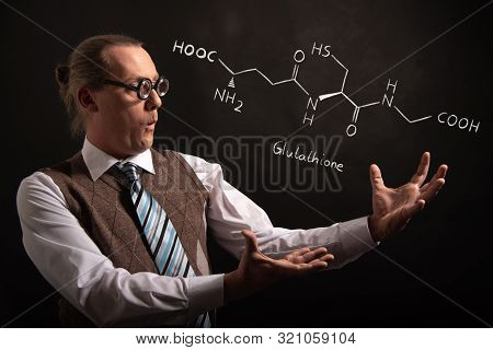 Professor Presenting Handdrawn Chemical Formula Of Glutathione Antioxidant Peptide