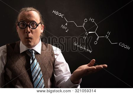 Professor Presenting Handdrawn Chemical Formula Of Glutathione Antioxidant Peptide