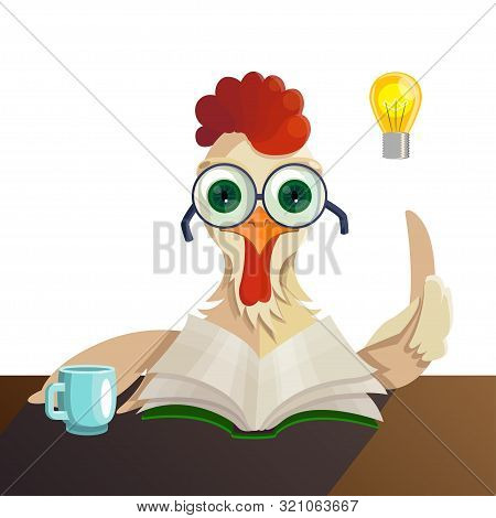 Rooster In Glasses Reading A Book. Vector Illustration