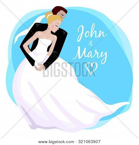 Wedding Couple Hugging And Dancing. Vector Illustration