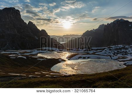 Beautiful Panoramic View Of Laghi Dei Piani At Sunrise. Tre Cime Drei Zinnen Natural Park, Italy