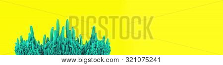 Bright Neon Green Cactus Fairy Castle In Multiple Rows On Trendy Yellow Background Banner. Environme