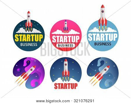 Vector Icons Rocket Launch In Space. Startup Business