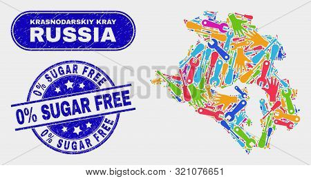 Construction Krasnodarskiy Kray Map And Blue 0 Percents Sugar Free Grunge Seal. Colored Vector Krasn