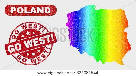 Spectral Dotted Poland Map And Seal Stamps. Red Rounded Go West Exclamation Grunge Seal Stamp. Gradi