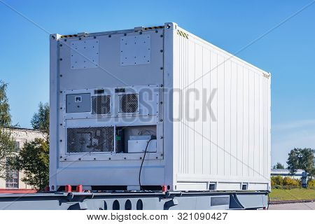 Refrigerated Container 20-foot-long On The Railway Platform.