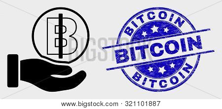 Vector Hand Offer Bitcoin Pictogram And Bitcoin Seal Stamp. Red Round Textured Seal Stamp With Bitco