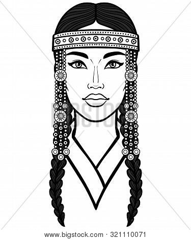 Asian Beauty. Animation Portrait Of A Beautiful Girl In Ancient National Headdress And Jewelry. Cent
