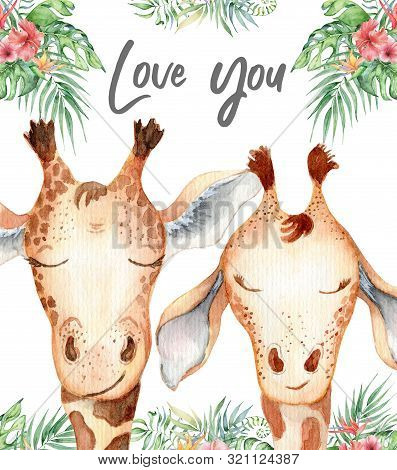 Cute Watercolor Geraffe With Tropical Flowers Card Hand Drawn Illustration
