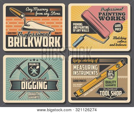 Brickwork, Digging And Painting Service, Measuring Instruments Shop. Vector Diy Tools, Brick Wall An