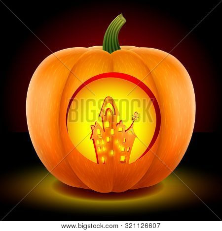 Pumpkin With A Castle With Ghosts. Knife-fucked. Halloween Symbol. With A Bright Candle Inside. Isol