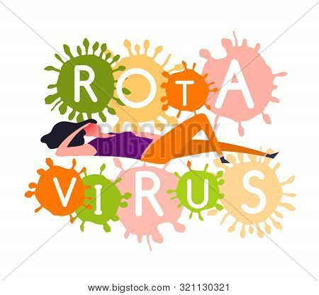 Rotavirus Heading. Vomiting, Diarrhea, Fever. Vector Lettering. Sick Woman. Editable Illustration. M