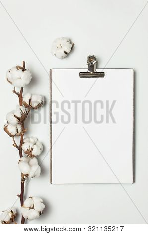 Blank White Paper With Folder And Metal Clothespin, Cotton Branch On Gray Background Top View Flat L