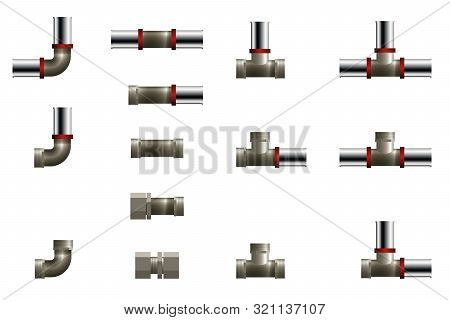 Fittings For Melall And Plastic Pipeline. Vector Illustration. Set Of Tee, Angle And Connector.