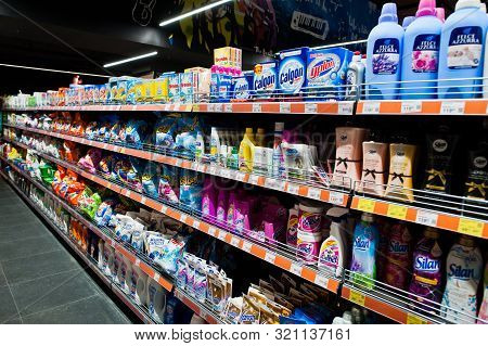 Kiev, Ukraine - September 4, 2019: Silpo Supermarket. Detergents On The Shelf Of Store.