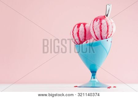 Homemade Pink Ice Cream Scoops In Blue Ice-cream Bowl With Strawberry Jam, Spoon In Modern Pink Inte