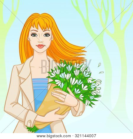 Animation Drawing: Red-haired Girl With A Bouquet Of Snowdrops.  Vector Illustration. Print, Poster,