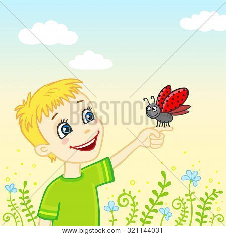 Cartoon Portrait: A Cute Blondie Boy Holds A Ladybug. Vector Illustration.