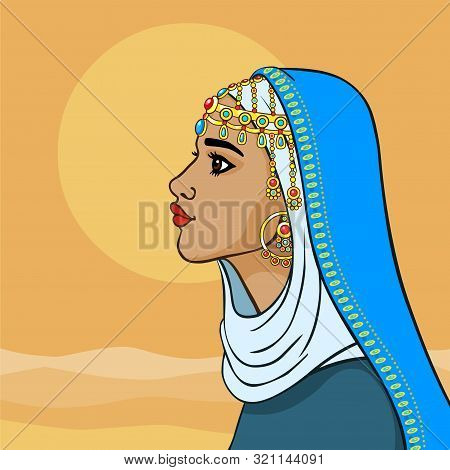 Cartoon Portrait: Beautiful Fairy Tale East Princess In Blue Clothes And Gold Jewelry.  Profile View